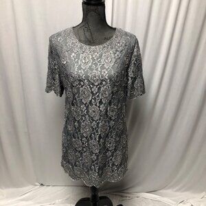 Candlelight and Champagne Top Womens Large Beaded Floral Lace Silver Gray Lined